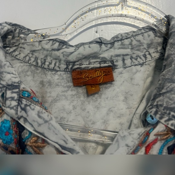 Scully Light Gray Boho Western Embroidered Long Sleeve Button Down Shirt Size L - Picture 2 of 3